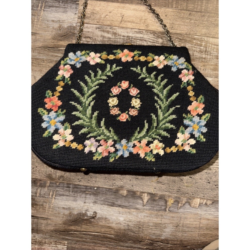 Vintage Large women Handbag Purse Bag cross stitch embroidery Flower Black - Picture 2 of 7
